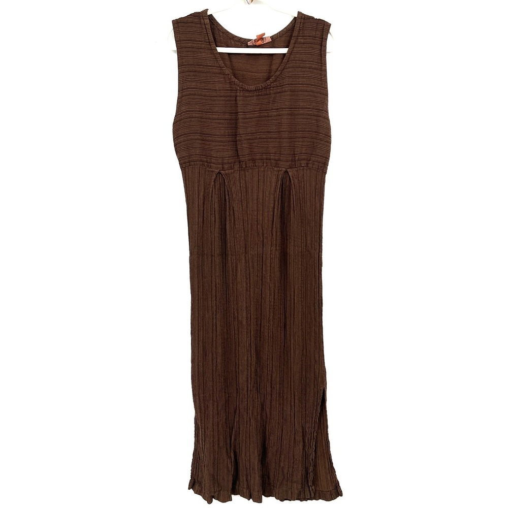 Outer Limits linen blend tank dress brown maxi crinkle boho lagenlook hippy M L